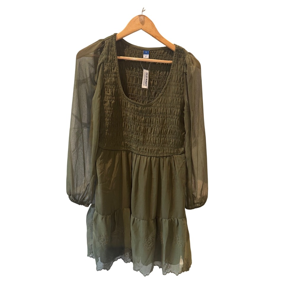 Old Navy Women Olive Green Smocked Eyelet Mini Dress Sheer Long Sleeve MED NWT